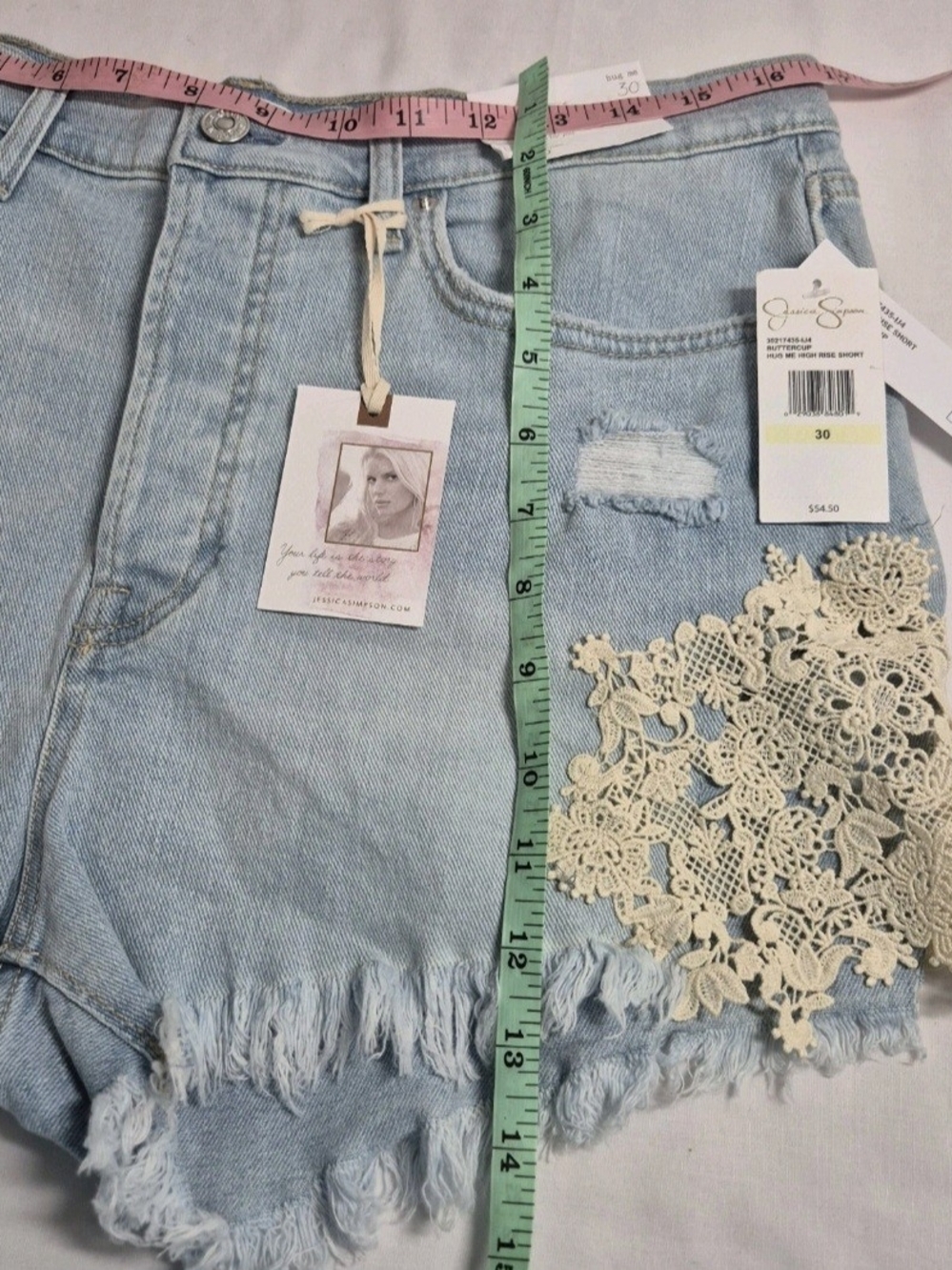 Jessica Simpson Hug Me Jean Shorts Buttercup Size 30 Frayed Button Fly Blue 31 - Picture 13 of 13